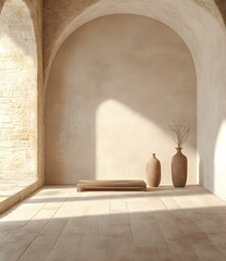 Minimalist Interior Design with Wooden Platform and Vases in Earthy Tones