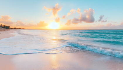 Fototapeta premium Crystal-clear turquoise waters with gentle waves lapping at a pristine beach under a golden sunset