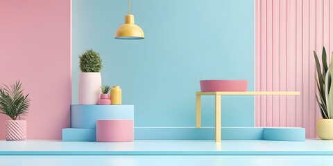 Minimalist 3D Render of Blue and Pink Background with Geometric Shapes and Plants