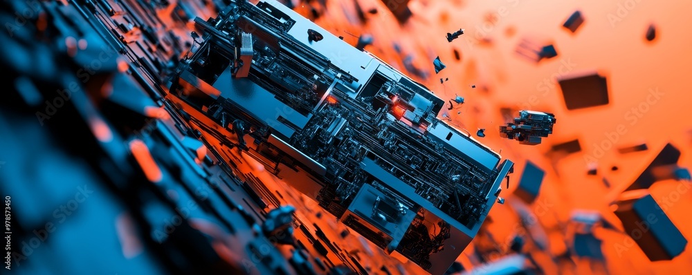 Poster futuristic circuit board with abstract elements, showcasing technology and innovation in a vibrant c