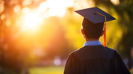 Photorealistic back view image of graduate student in graduation cap