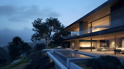 Fototapeta premium Modern House with Pool and Mountain View at Dusk