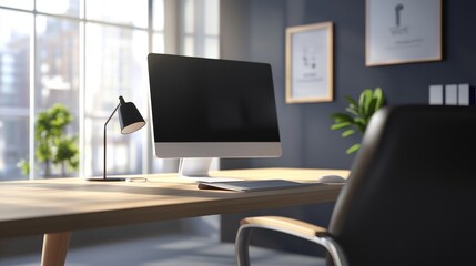 Fototapeta premium Modern office workspace featuring a sleek computer, stylish lamp, and minimalist decor in a bright, inviting environment.