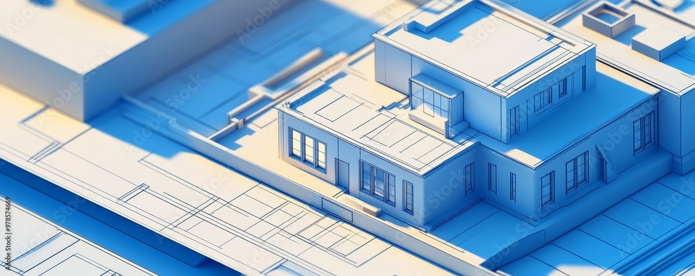 Poster stylized architectural model depicting a modern building layout with intricate details and a clean, 