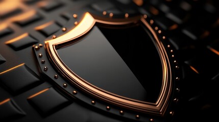 Naklejka premium Stylish shield design featuring a glossy black surface and intricate bronze detailing, perfect for themes of protection and security.