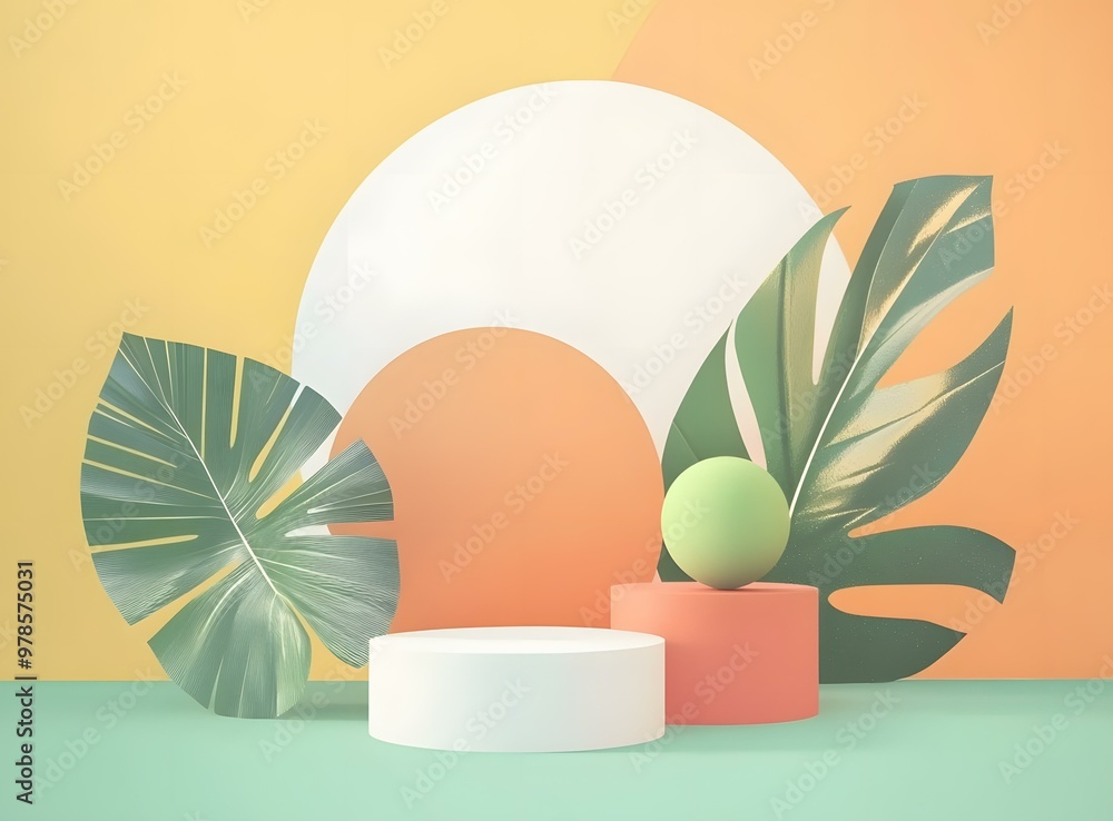 Wall mural Summer Background with Tropical Leaves and Geometric Shapes