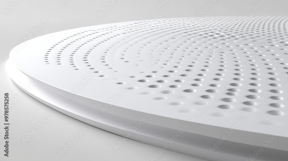 Poster a close-up view of a white circular surface with intricate perforations, showcasing modern design an