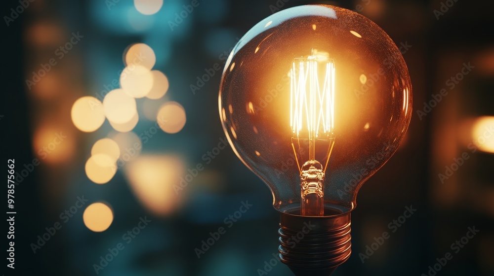 Poster a glowing vintage light bulb illuminating a dark space with warm bokeh in the background, creating a