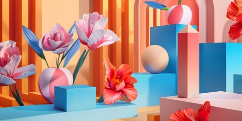 Obraz premium Abstract 3D Flowers and Geometric Shapes