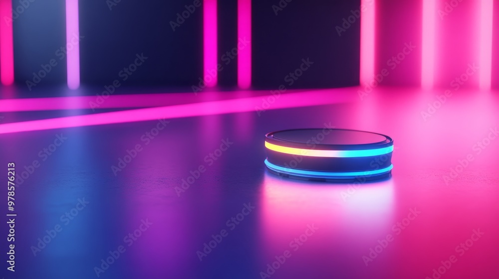 Poster a modern smart device illuminated with vibrant neon lights, featuring a sleek design and a reflectiv