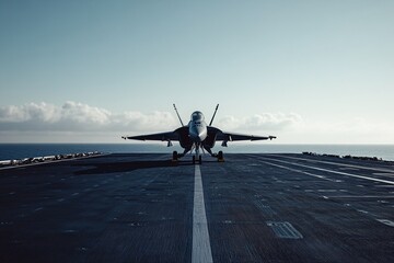 A fighter jet poised on a carrier deck, with a vast ocean and sky backdrop, symbolizing military strength and aviation power.