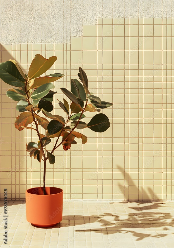 Sticker green plant in pot against a tiled wall