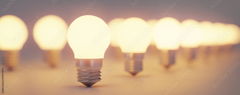 Poster a row of glowing light bulbs illuminating a soft space, creating a warm and inviting atmosphere for 