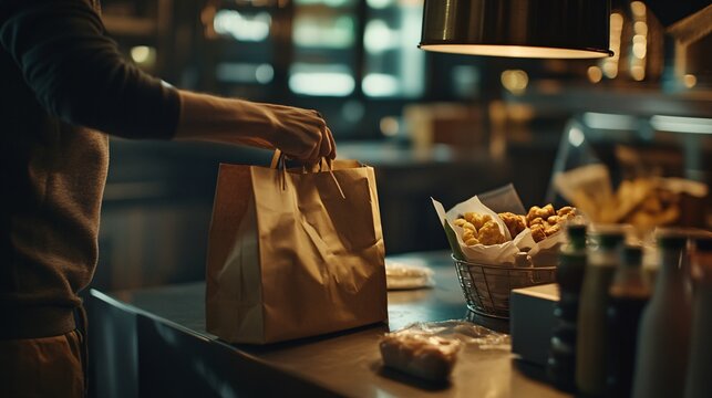 A person grabbing a takeaway bag from a restaurant counter, surrounded by food items in a cozy, warm atmosphere.