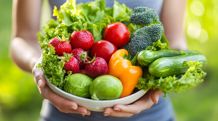Fototapeta premium Close up Woman's hands holding a plate of vegetables