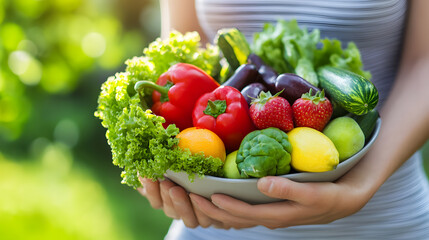Close up Woman's hands holding a plate of vegetables