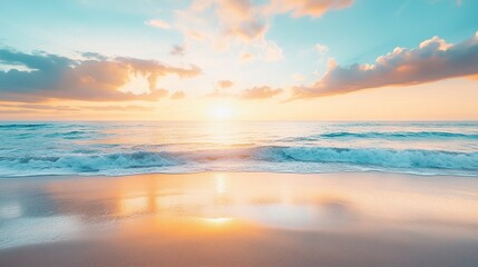 Obraz premium Summer closeup sunset sea sky landscape. Colorful ocean beach sunrise. Beautiful beach reflections calm waves, soft sandy beach. Perfect tropical coast horizon scenic coast view. generative ai