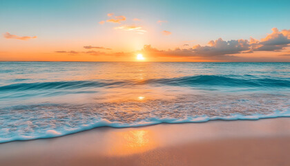 Obraz premium Crystal-clear turquoise waters with gentle waves lapping at a pristine beach under a golden sunset
