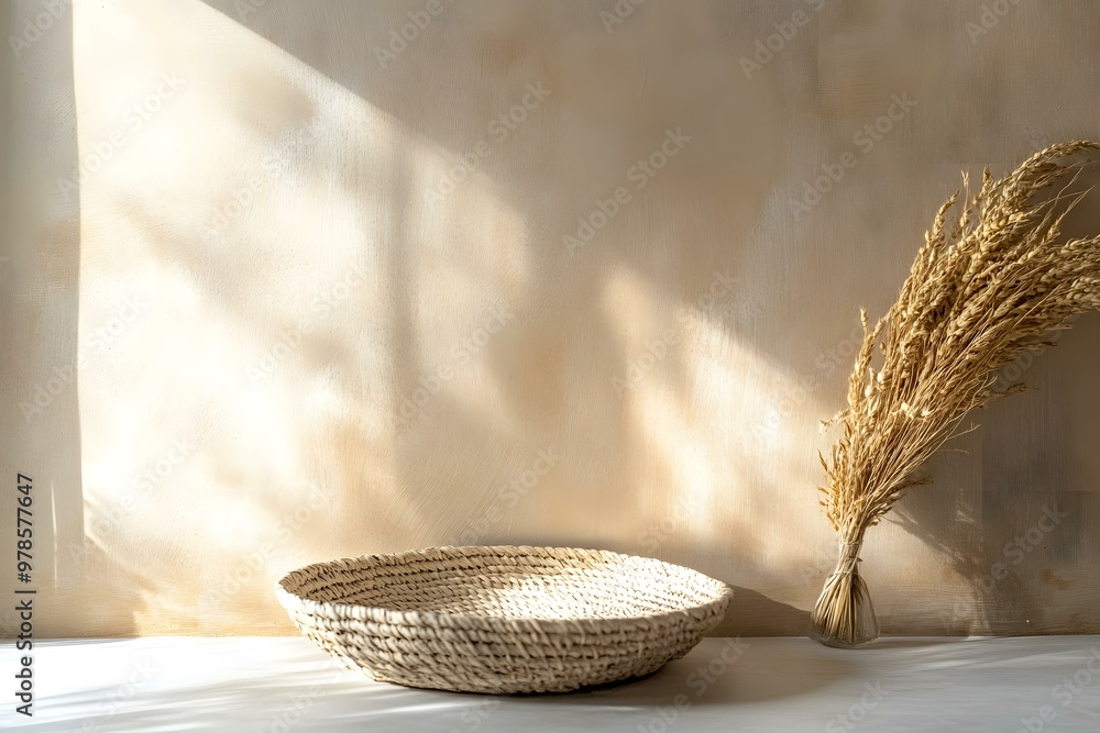 Sticker Wicker Basket and Dried Grass Against a Beige Wall