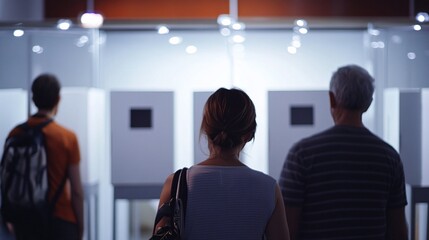 Fototapeta premium Three individuals stand in front of illuminated voting booths, showcasing the process of civic engagement and decision-making.