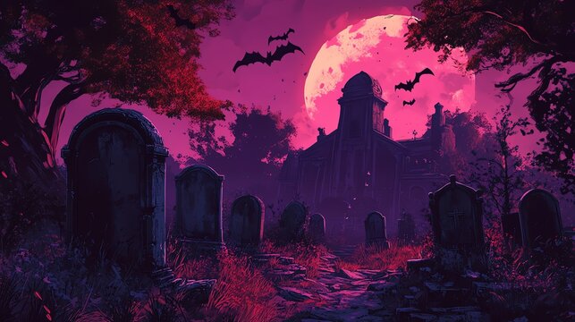 Sunset over a spooky graver with purple hues painting the sky as buildings cast long shadows