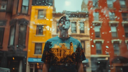 Obraz premium Showcase a local community member wearing a shirt featuring a historic building from your town, with the building itself in the background, close up, focus on community pride, vibrant, Double exposure