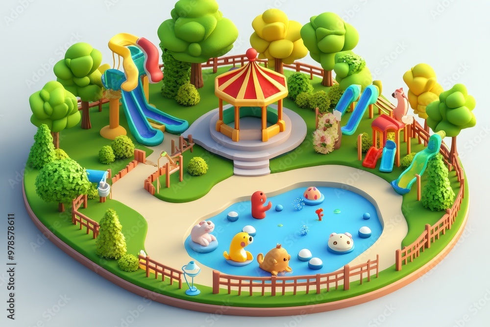 Poster a vibrant playground scene with slides, a gazebo, and playful animals in a pool.