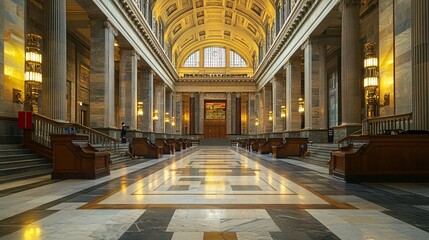 Obraz premium An elegant interior view of a grand hall featuring marble flooring and ornate architectural details under soft lighting.