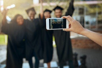 Person, hands and graduation with phone screen for picture, photography or memory at university. Excited group, students or graduates with smile or mobile smartphone display for app, snap or capture