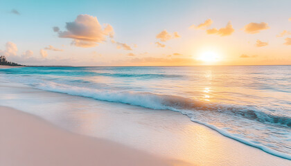 Obraz premium Crystal-clear turquoise waters with gentle waves lapping at a pristine beach under a golden sunset