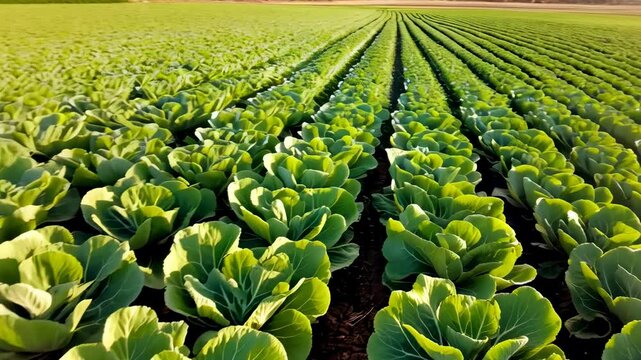 Drone footage of lush cabbage field from above