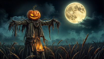 Halloween-themed illustration of a creepy jack-o-lantern scarecrow wearing ragged clothes standing in a field under a full moon.
