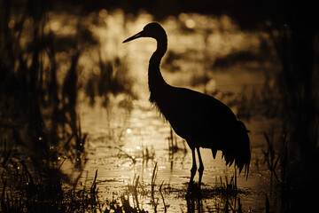 Fototapeta premium A silhouette of a heron standing in a wetland at sunset, capturing nature's tranquility.