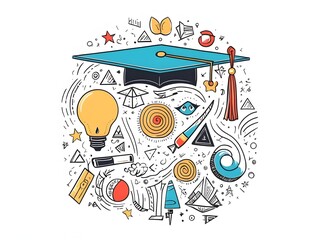 Fototapeta premium Colorful graduation-themed doodles featuring caps, diplomas, and geometric shapes school university