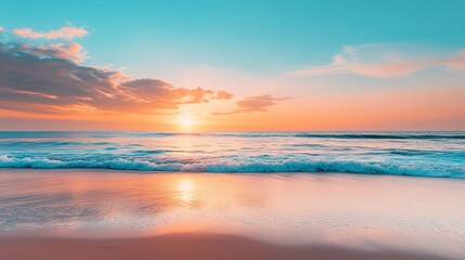 Obraz premium Summer closeup sunset sea sky landscape. Colorful ocean beach sunrise. Beautiful beach reflections calm waves, soft sandy beach. Perfect tropical coast horizon scenic coast view. generative ai