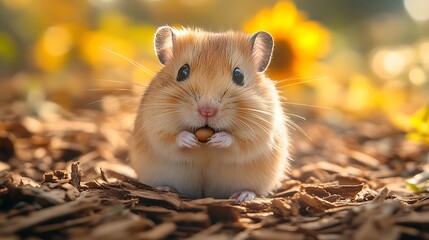 Cute hamster holding a nut in its paws, with a blurred background of sunflowers.