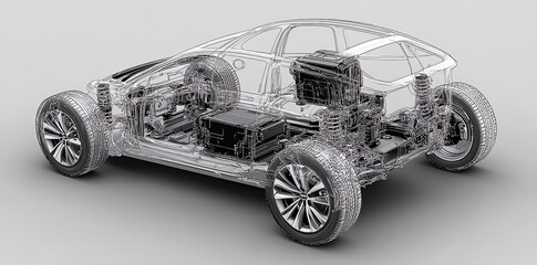 3D illustration of a car chassis, with a transparent body revealing the engine, battery, and suspension.