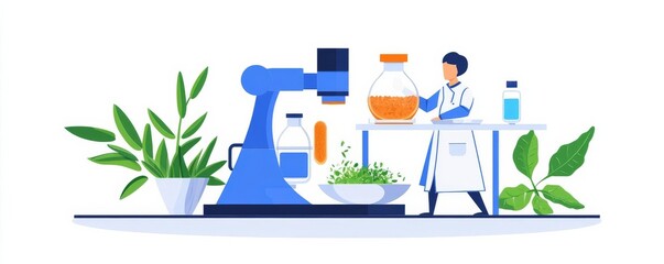 Lab-grown plant-based food being packaged, AI-driven process, flat design illustration