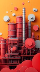 A 3D rendering of a red industrial facility against an orange background.
