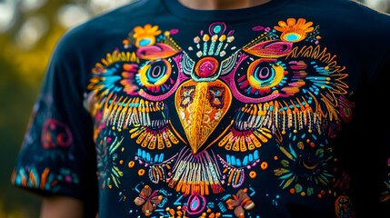 Illustrate a themed shirt for a local festival, emphasizing unique regional patterns and festive icons that capture the joy of the event, selective focus, cultural theme, vibrant, Multilayer