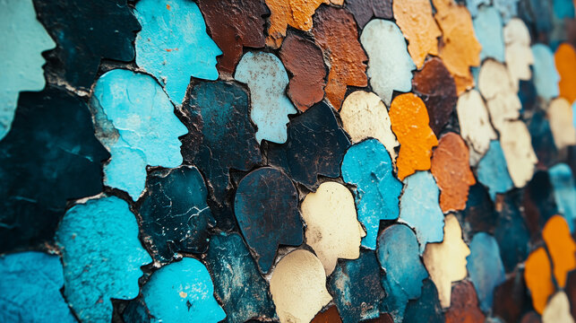 A modern abstract art piece depicting many colorful silhouettes of human heads, symbolizing diversity and social equality