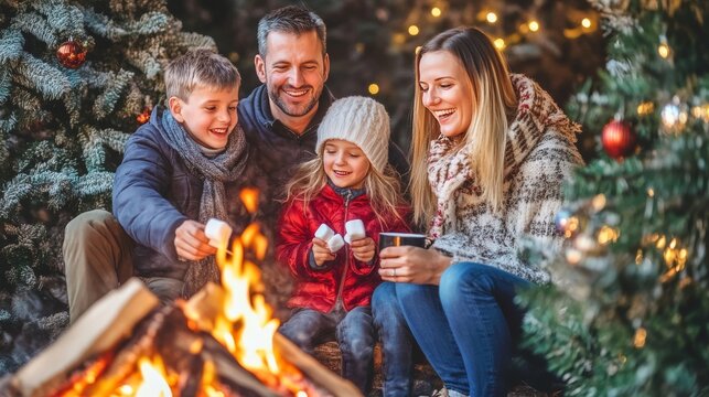 Familia alrededor de una fogata en un ambiente navide&ntilde;o, disfrutando de malvaviscos asados, rodeados de &aacute;rboles de Navidad y luces, compartiendo momentos c&aacute;lidos juntos.