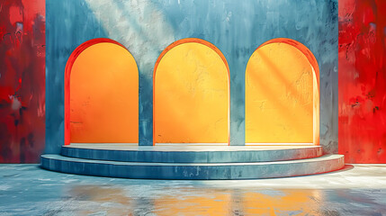 Abstract minimalist concrete architecture with round podium and multiple arches