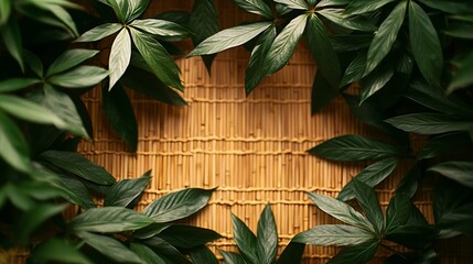 Green Leaves Border on Bamboo Mat Nature Background : Generative AI