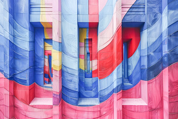 Abstract building facade with colorful geometric shapes forming an optical illusion