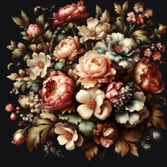 Vintage bouquet of beautiful flowers on black. Floral background. Baroque old fashiones style. Natural pattern wallpaper or greeting card
