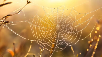 Dewdrops on a Spider Web at Sunrise