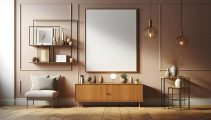 Creative interior concept. Large blank empty minimal wall room with cabinet shelf sideboard and photo frame. Banner template for product presentation. Mock up 3D rendering. copy text space