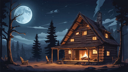 Fototapeta premium Cartoon Wooden Hut in Countryside Under Starry Night Sky Background Illustration