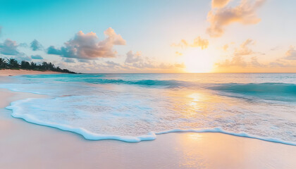 Fototapeta premium Crystal-clear turquoise waters with gentle waves lapping at a pristine beach under a golden sunset